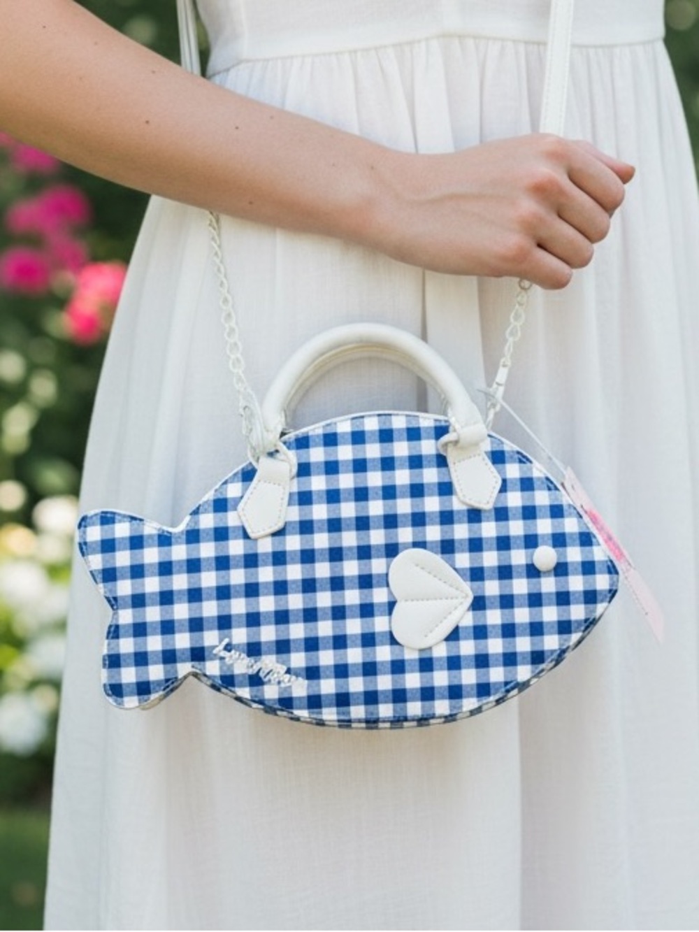 Betsey Johnson Whimsical Beachy Blue Gingham Picnic Kitsch Crossbody Purse Bag